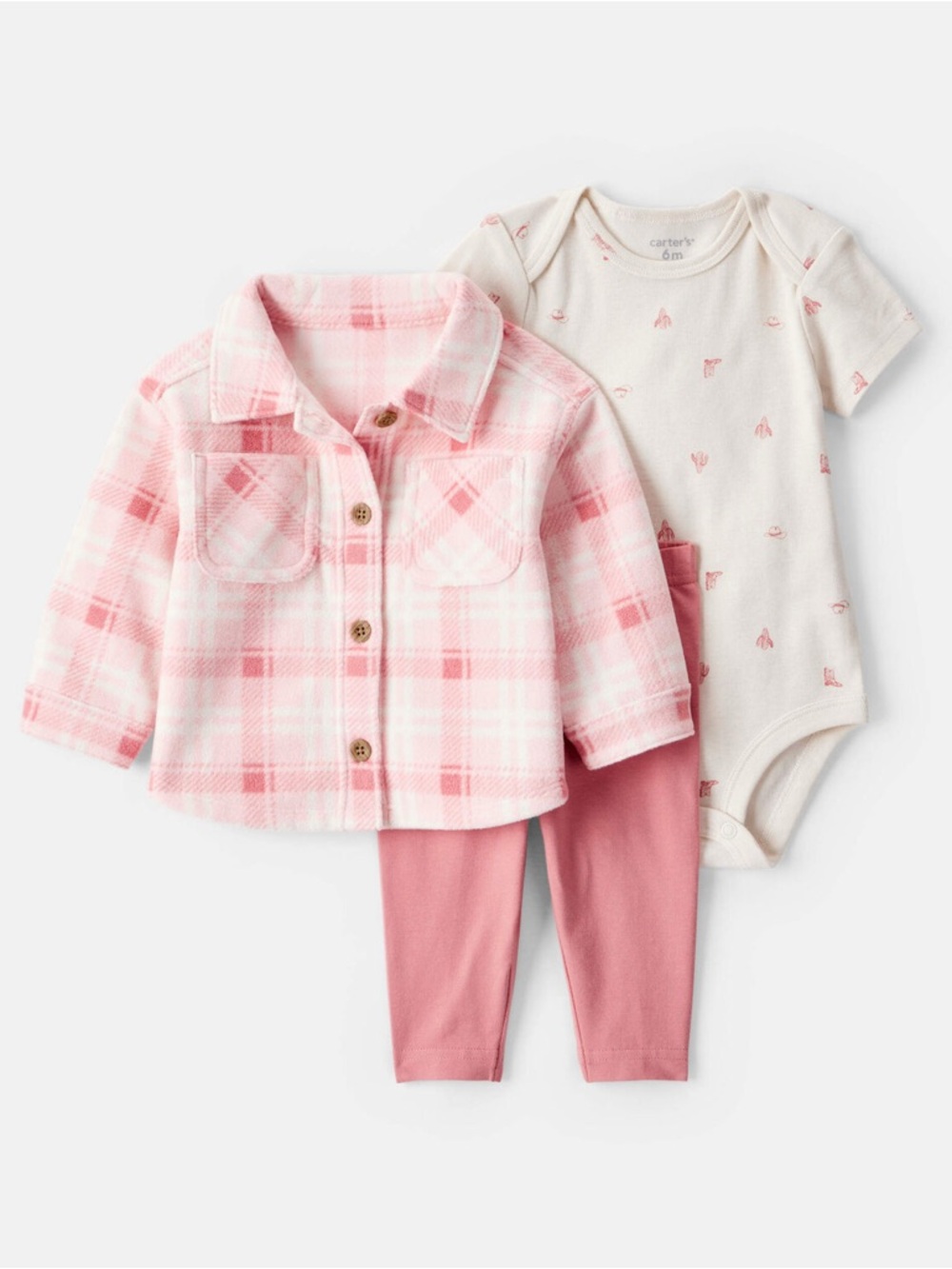 Baby Girl 3-Piece Plaid Print Fleece Jacket, Bodysuit & Pant Set - Pink 3M